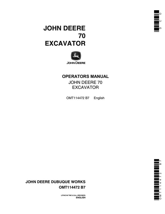 John Deere 70 Excavator Excavator Operator manual OMT114472 — actual manual cover