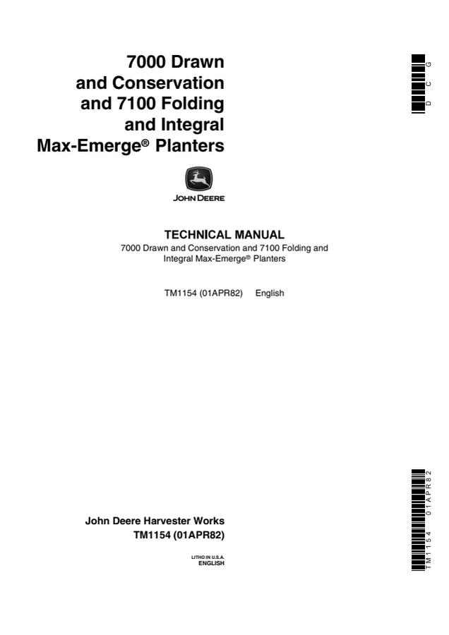 John Deere 7000, 7100 Planter Technical Manual TM1154 — actual manual cover