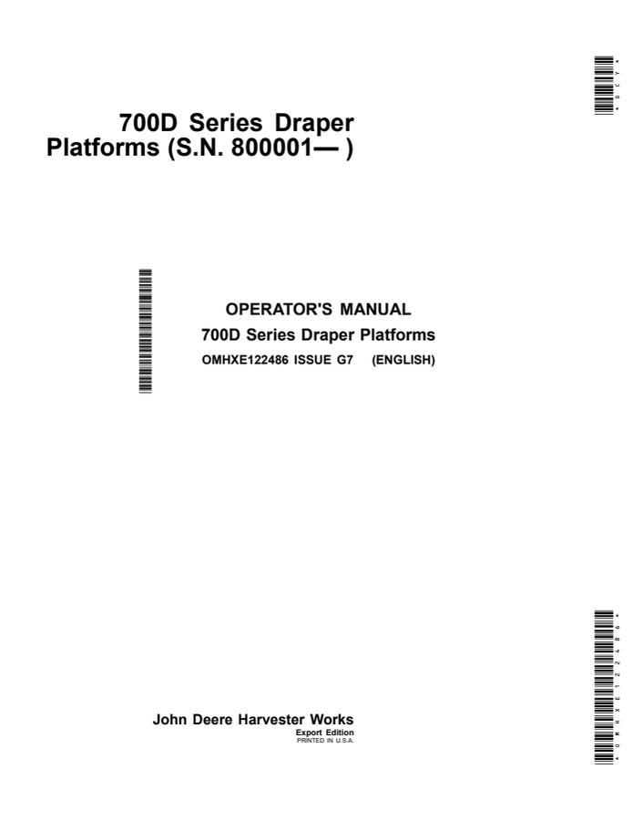 John Deere 700D Series Draper platform Operator's manual OMHXE122486 — actual manual cover