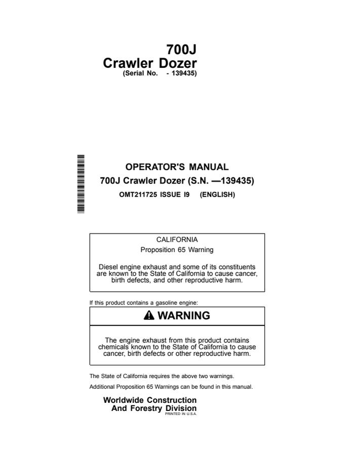 John Deere 700J Crawler Dozer Crawler dozer Operator manual OMT211725 — actual manual cover