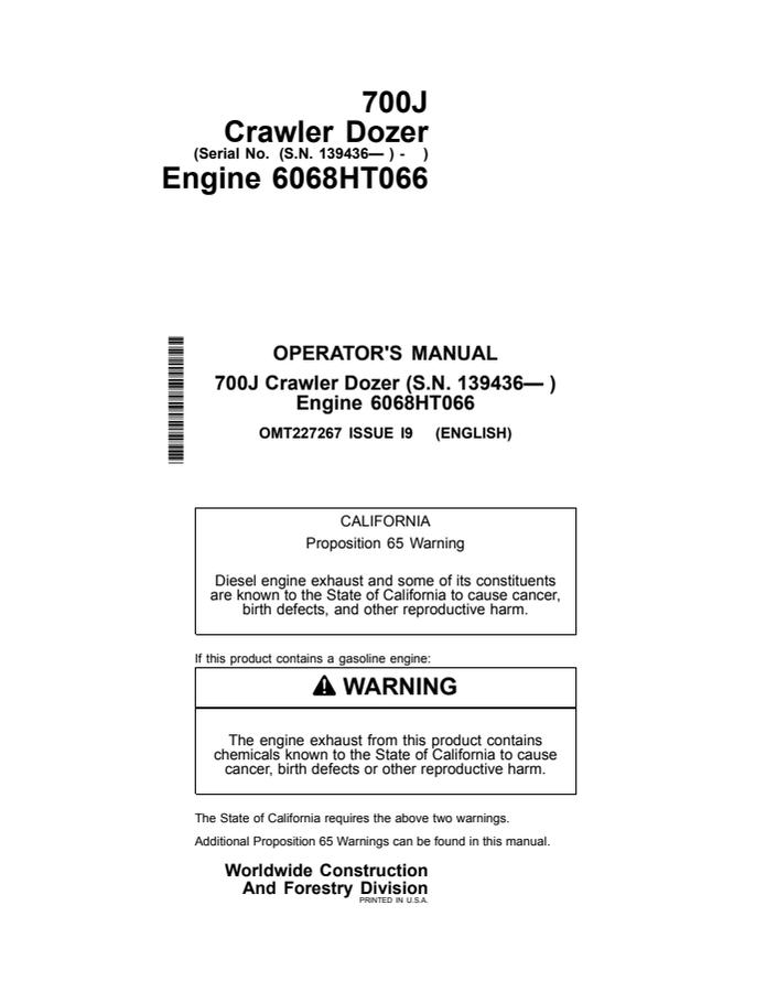 John Deere 700J Crawler Dozer Crawler dozer Operator manual OMT227267 — actual manual cover