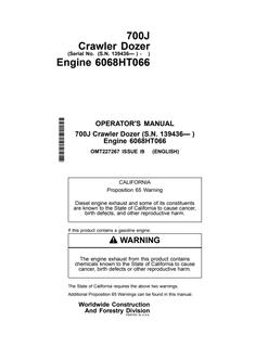 John Deere 700J Crawler Dozer Crawler dozer Operator manual OMT227267 — actual manual cover