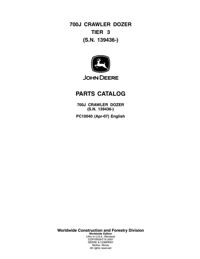 John Deere 700J Crawler Dozer Parts Catalog PC10040 — actual manual cover