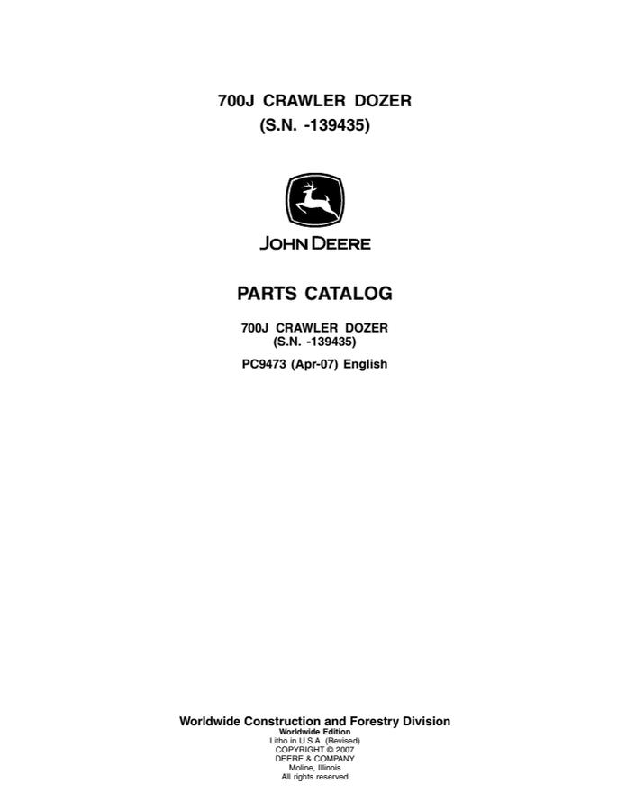 John Deere 700J Crawler Dozer Parts Catalog PC9473 — actual manual cover
