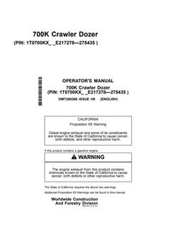 John Deere 700K Crawler Dozer Crawler dozer Operator manual OMT288306 — actual manual cover