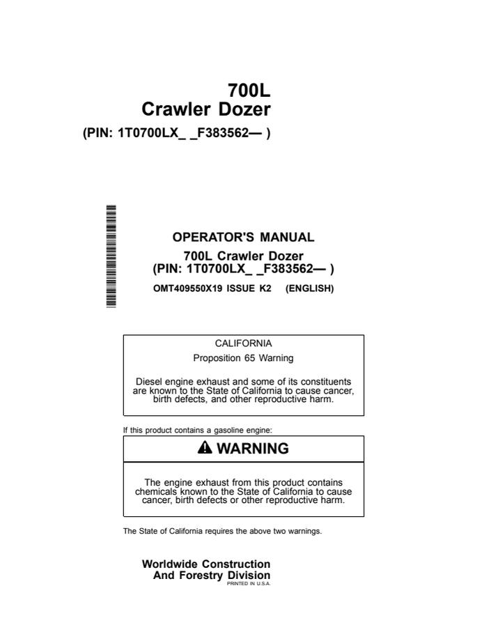 John Deere 700L Crawler Dozer Crawler dozer Operator manual OMT409550X19 — actual manual cover