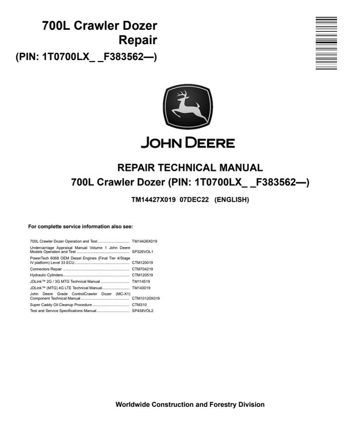 John Deere 700L Crawler Dozer Repair Technical Manual (TM14427X019) — actual manual cover