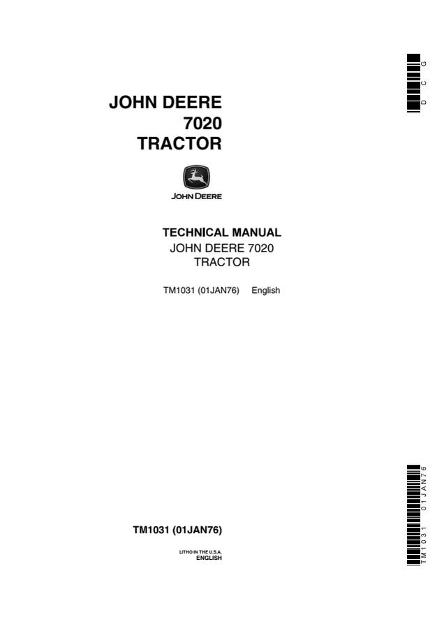 John Deere 7020 Tractor Technical Manual TM1031 — actual manual cover