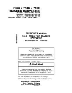 John Deere 703G, 753G, and 759G Tracked Harvester Tracked harvester Operator manual F387438 — actual manual cover