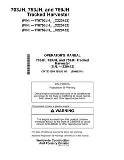 John Deere 703JH, 753JH, 759JH Tracked Harvester Operator Manual OMT231008 — actual manual cover