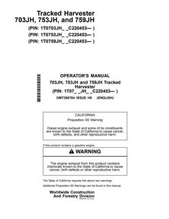 John Deere 703JH, 753JH, and 759JH Tracked Harvester Tracked harvester Operator manual OMT288784 — actual manual cover