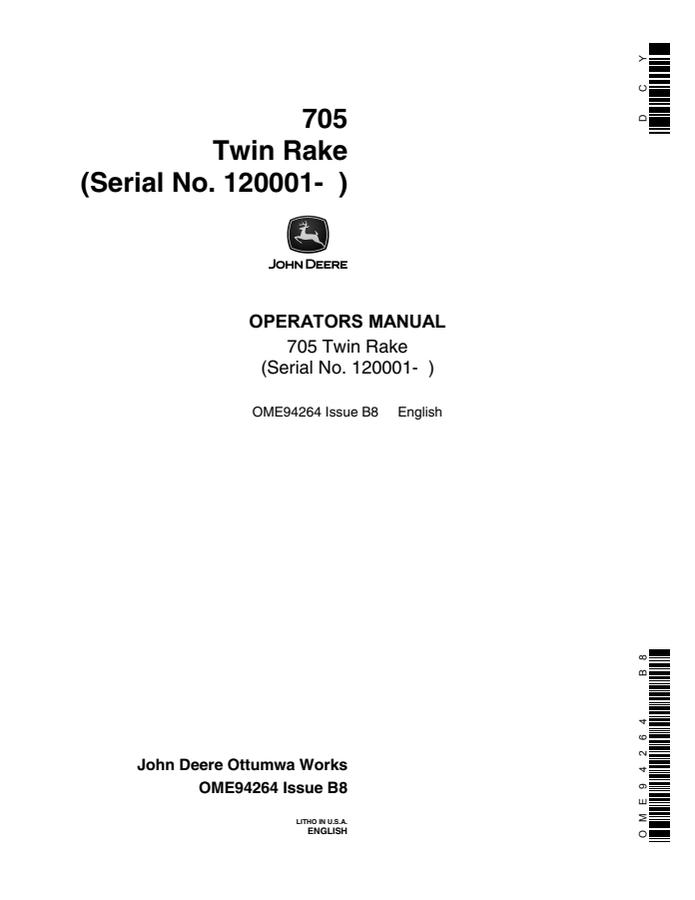 John Deere 705 Twin Rake Twin rake Operator manual OME94264 — actual manual cover