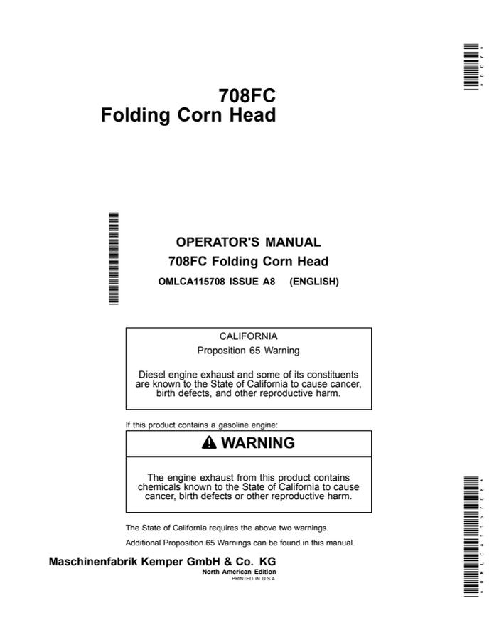 John Deere 708FC Folding Corn Head North American Edition Corn head Operator manual OMLCA115708 — actual manual cover