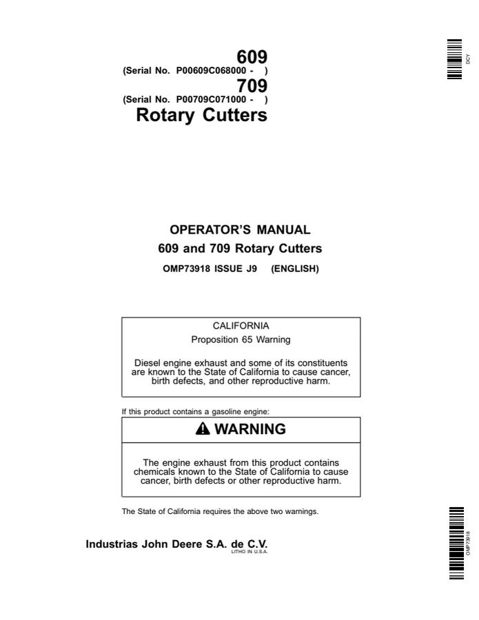 John Deere 709 Rotary cutter Operator Manual OMP73918 — actual manual cover