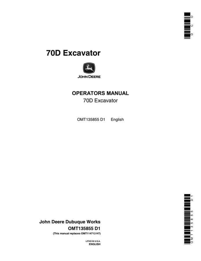 John Deere 70D Excavator Operators manual OMT135855 — actual manual cover
