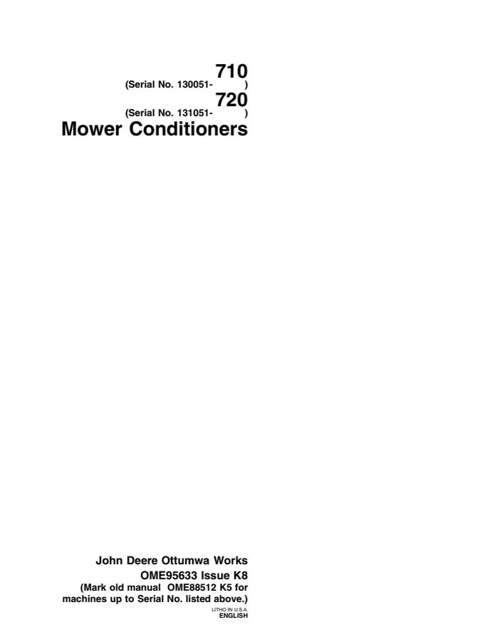 John Deere 710 and 720 Mower-Conditioners Mower-conditioner Operator manual OME95633 — actual manual cover