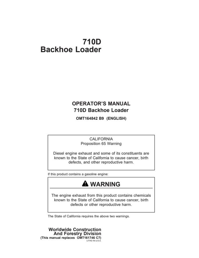 John Deere 710D Backhoe Loader Backhoe loader Operator manual OMT164842 — actual manual cover
