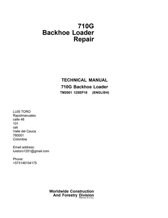 John Deere 710G Backhoe Loader Repair Technical Manual TM2061 — actual manual cover