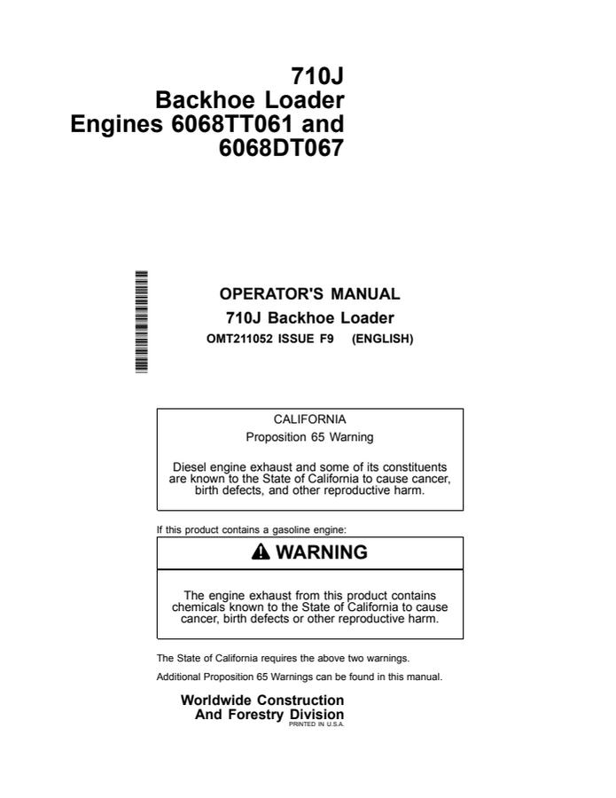 John Deere 710J Backhoe Loader Backhoe loader Operator manual OMT211052 — actual manual cover