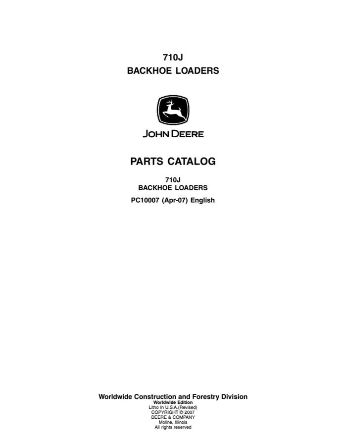 John Deere 710J Backhoe loader Parts catalog PC10007 — actual manual cover