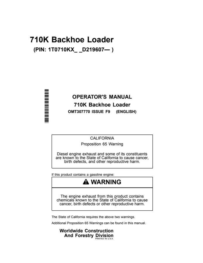 John Deere 710K Backhoe loader Operator's manual OMT307770 — actual manual cover