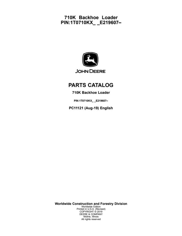 John Deere 710K Backhoe loader Parts catalog PC11121 — actual manual cover
