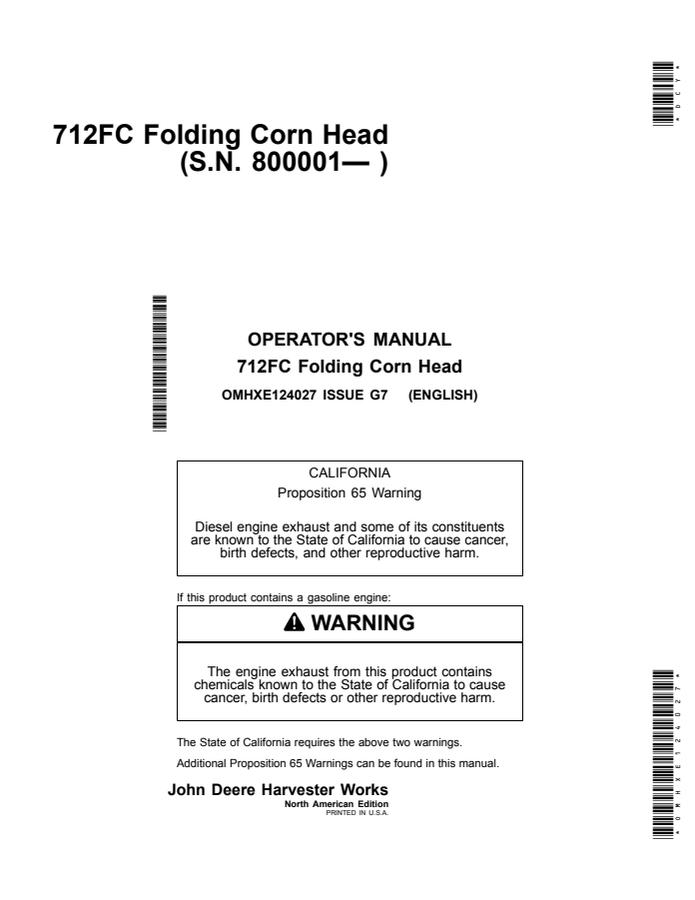 John Deere 712FC Folding Corn Head North American Edition Corn head Operator manual OMHXE124027 — actual manual cover