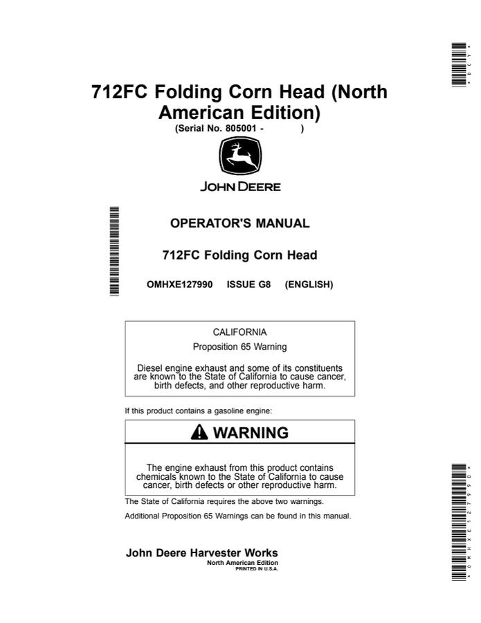 John Deere 712FC Folding Corn Head North American Edition Corn head Operator manual OMHXE127990 — actual manual cover
