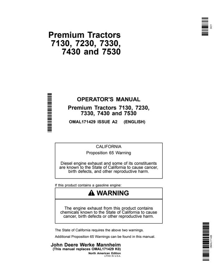 John Deere 7130, 7230, 7330, 7430, 7530 Premium Agricultural tractor Operator's manual OMAL171429 — actual manual cover