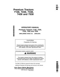 John Deere 7130, 7230, 7330, 7430, and 7530 Premium Tractors North American and Export Edition Tractor Operator manual OMAL206902 — actual manual cover