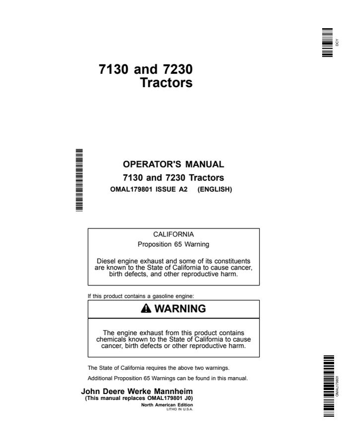 John Deere 7130 and 7230 Tractors North American Edition Tractor Operator manual OMAL179801 — actual manual cover