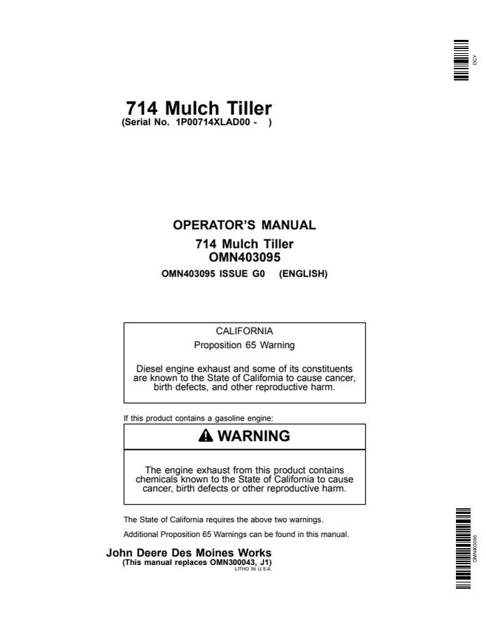 John Deere 714 Mulch Tiller Mulch tiller Operator manual OMN403095 — actual manual cover