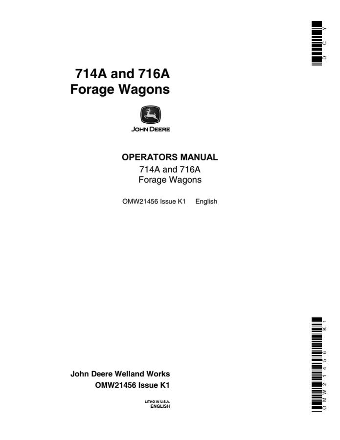 John Deere 714A and 716A Forage Wagons Forage wagon Operator manual OMW21456 — actual manual cover