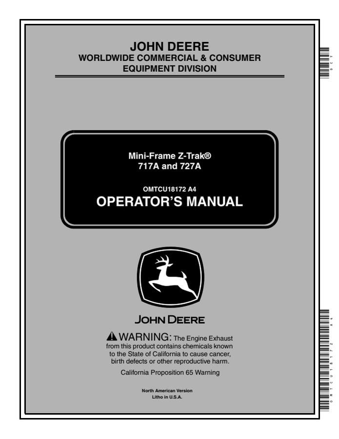John Deere 717A and 727A Mini-Frame Z-Trak Zero-turn mower Operator manual OMTCU18172 — actual manual cover