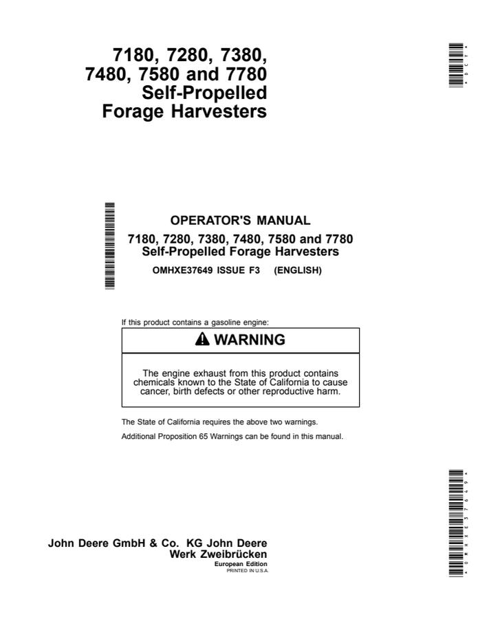 John Deere 7180, 7280, 7380, 7480, 7580, and 7780 Self-Propelled Forage Harvesters European Edition Forage harvester Operator manual OMHXE37649 — actual manual cover