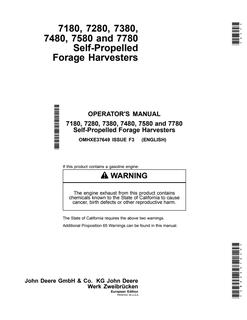 John Deere 7180, 7280, 7380, 7480, 7580, and 7780 Self-Propelled Forage Harvesters European Edition Forage harvester Operator manual OMHXE37649 — actual manual cover