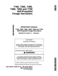 John Deere 7180, 7280, 7380, 7480, 7580, and 7780 Self-Propelled Forage Harvesters North American Edition Forage harvester Operator manual OMHXE37675 — actual manual cover