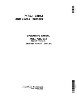 John Deere 7185J, 7205J, and 7225J Tractors South American Edition Tractor Operator manual OMR319311 — actual manual cover