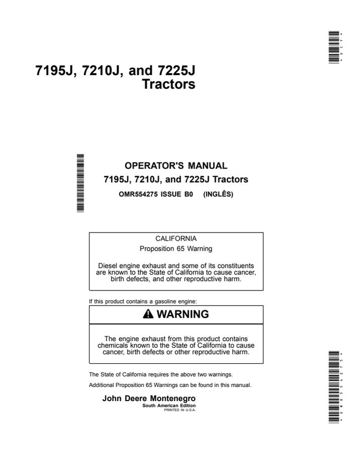 John Deere 7195J, 7210J, and 7225J Tractors South American Edition Tractor Operator manual OMR554275 — actual manual cover