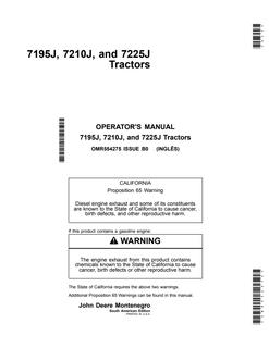 John Deere 7195J, 7210J, and 7225J Tractors South American Edition Tractor Operator manual OMR554275 — actual manual cover