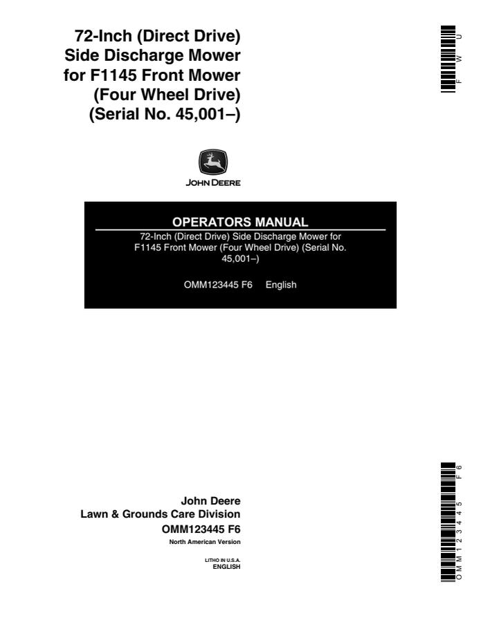 John Deere 72-inch Direct Drive Side Discharge for F1145 4WD Mower Operator's manual OMM123445 — actual manual cover