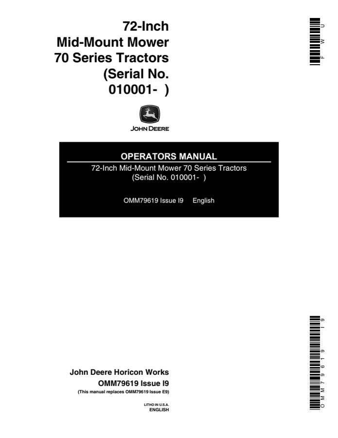 John Deere 72-Inch Mid-Mount Mower for 70 Series Tractors Mower Operator manual OMM79619 — actual manual cover