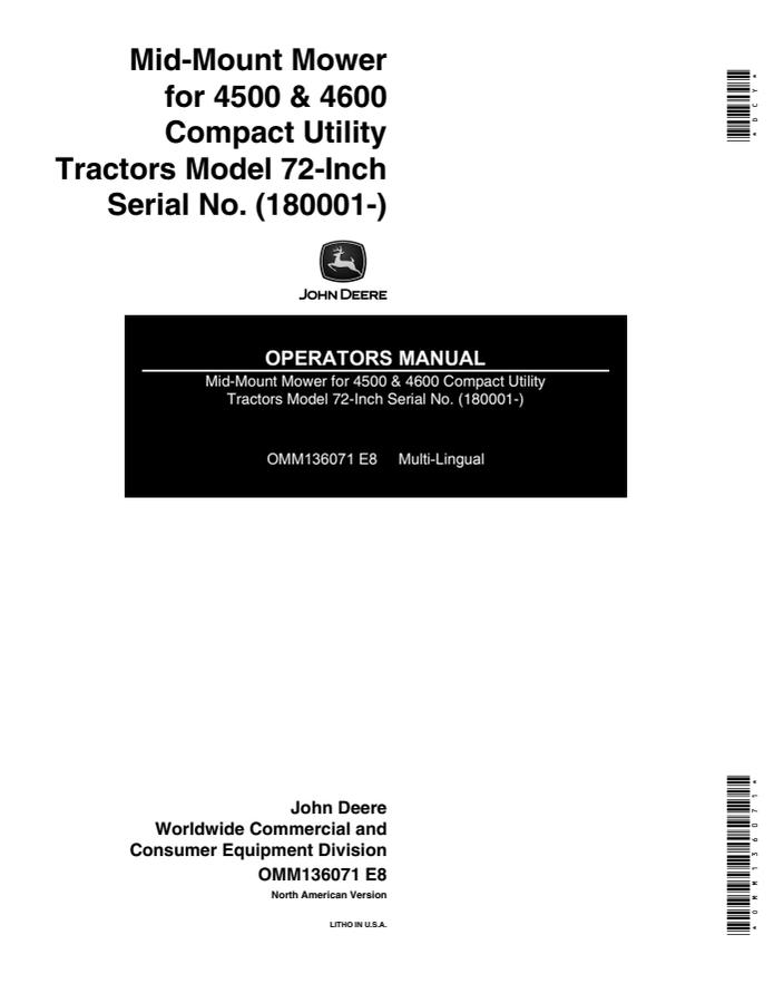 John Deere 72-inch Mid-mount mower Operator manual OMM136071 — actual manual cover