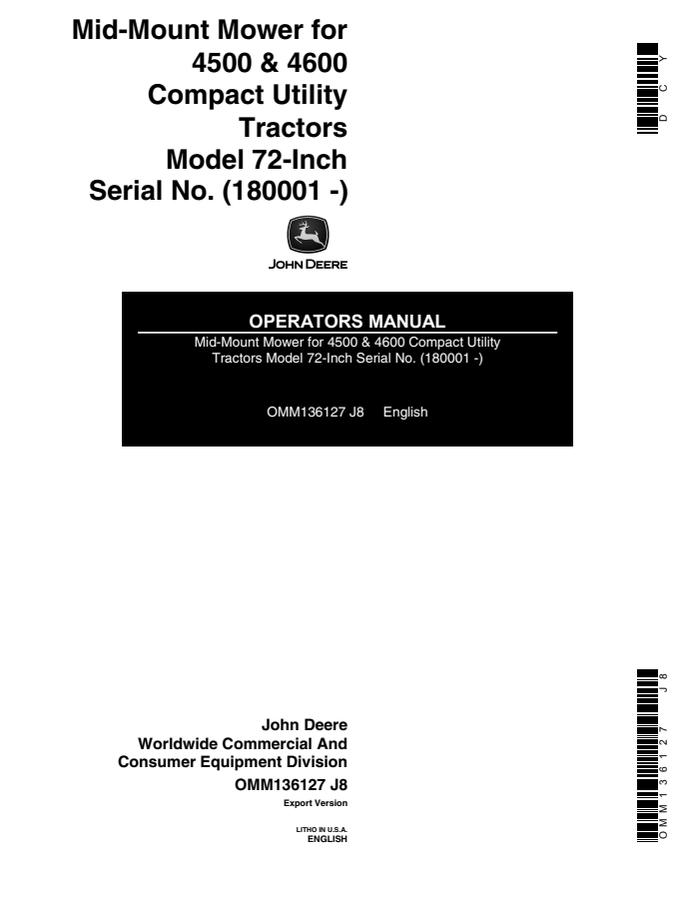 John Deere 72-inch Mid-mount mower Operator manual OMM136127 — actual manual cover