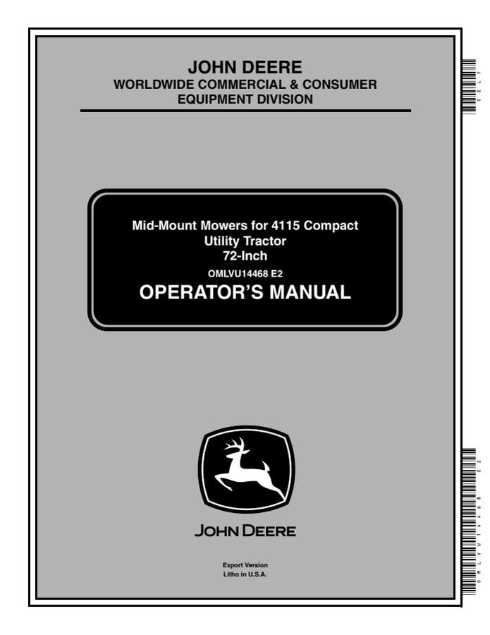 John Deere 72-inch mower for 4115 Compact Utility Tractor Mid-mount mower deck Operator manual OMLVU14468 — actual manual cover