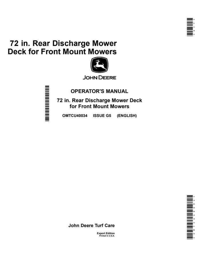 John Deere 72-Inch Rear Discharge Mower Deck for Front Mount Mowers Export Edition Mower deck Operator manual OMTCU40034 — actual manual cover