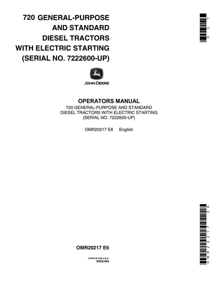 John Deere 720 General-Purpose and Standard Diesel Tractors with Electric Starting Tractor Operator manual OMR20217 — actual manual cover
