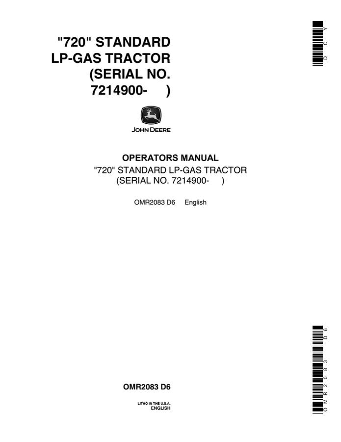John Deere 720 Standard LP-Gas Tractor Operator's manual OMR2083 — actual manual cover