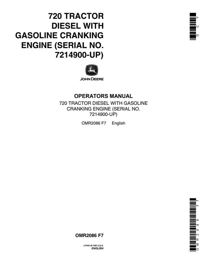 John Deere 720 Tractor Diesel with Gasoline Cranking Engine Tractor Operator manual OMR2086 — actual manual cover