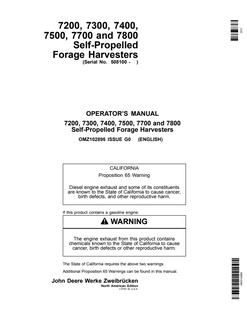 John Deere 7200, 7300, 7400, 7500, 7700, and 7800 Self-Propelled Forage Harvesters North American Edition Forage harvester Operator manual OMZ102895 — actual manual cover